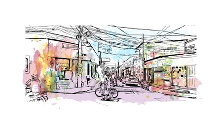 Building view with landmark of  Rivas is the city in Nicaragua. Watercolor splash with hand drawn sketch illustration in vector.のイラスト素材