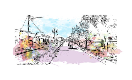 Building view with landmark of  Rivas is the city in Nicaragua. Watercolor splash with hand drawn sketch illustration in vector.のイラスト素材