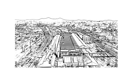 Building view with landmark of Roanoke is an independent city in the Virginia. Hand drawn sketch illustration in vector.のイラスト素材
