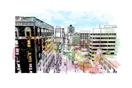 Building view with landmark of Roanoke is an independent city in the Virginia. Watercolor splash with hand drawn sketch illustration in vector.のイラスト素材