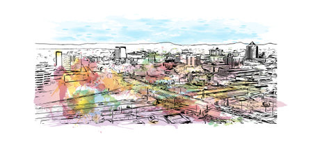Building view with landmark of Roanoke is an independent city in the Virginia. Watercolor splash with hand drawn sketch illustration in vector.のイラスト素材