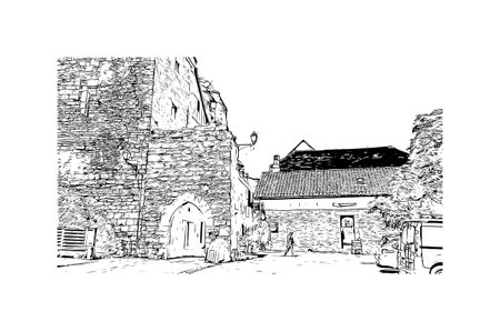 Building view with landmark of  Rocamadour is the commune in France. Hand drawn sketch illustration in vector.のイラスト素材