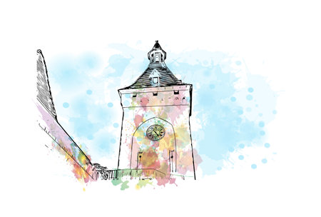 Building view with landmark of  Rocamadour is the commune in France. Watercolor splash with hand drawn sketch illustration in vector.のイラスト素材