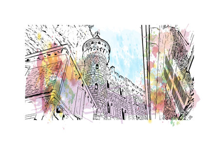 Building view with landmark of  Rocamadour is the commune in France. Watercolor splash with hand drawn sketch illustration in vector.のイラスト素材