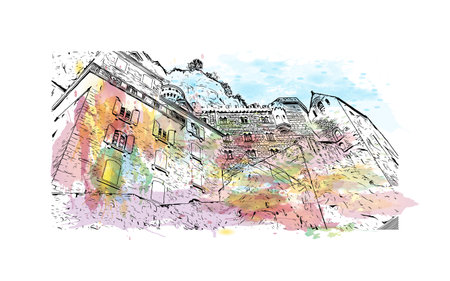 Building view with landmark of  Rocamadour is the commune in France. Watercolor splash with hand drawn sketch illustration in vector.のイラスト素材