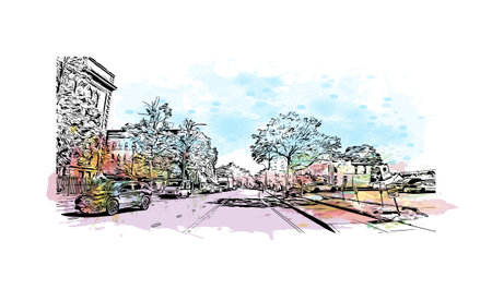 Building view with landmark of  Rochester is the city in New York State. Watercolor splash with hand drawn sketch illustration in vector.のイラスト素材