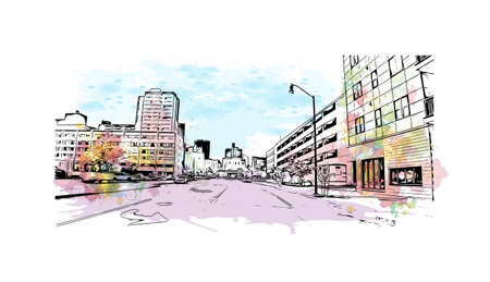 Building view with landmark of  Rochester is the city in New York State. Watercolor splash with hand drawn sketch illustration in vector.のイラスト素材