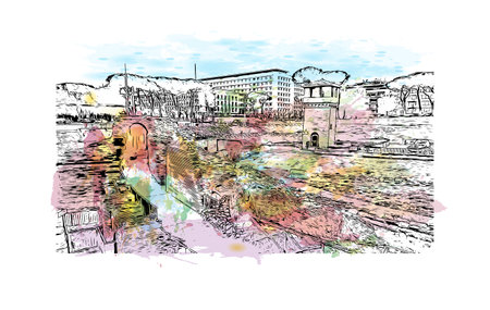 Building view with landmark of  Rome is the capital city in Italy. Watercolor splash with hand drawn sketch illustration in vector.のイラスト素材