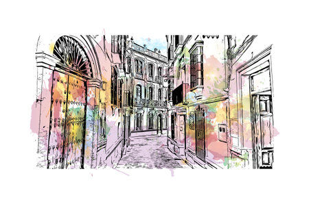 Building view with landmark of   Ronda is a city in Spain. Watercolor splash with hand drawn sketch illustration in vector.のイラスト素材