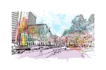 Building view with landmark of Providence is the capital city in U.S. state. Watercolor splash with hand drawn sketch illustration in vector.のイラスト素材