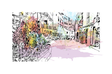 Building view with landmark of    Pueblo is a city in Colorado. Watercolor splash with hand drawn sketch illustration in vector.のイラスト素材