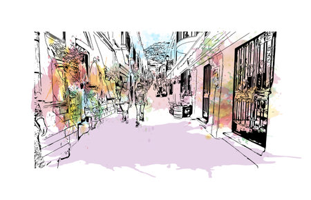 Building view with landmark of    Pueblo is a city in Colorado. Watercolor splash with hand drawn sketch illustration in vector.のイラスト素材