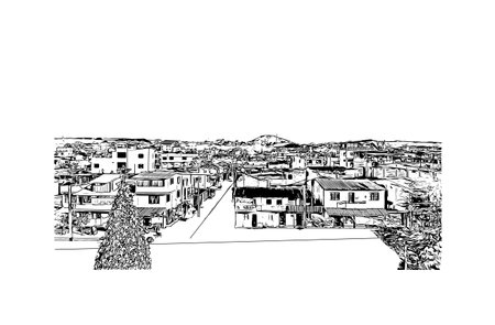 Building view with landmark of Puerto Baquerizo Moreno is the 
city in Ecuador. Hand drawn sketch illustration in vector.のイラスト素材