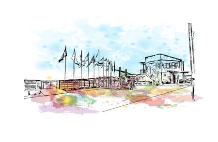 Building view with landmark of Puerto Baquerizo Moreno is the 
city in Ecuador. Watercolor splash with hand drawn sketch illustration in vector.のイラスト素材