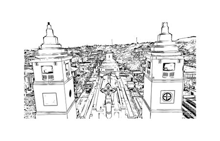 Building view with landmark of Puerto Plata is the city in Dominican Republic. Hand drawn sketch illustration in vector.のイラスト素材