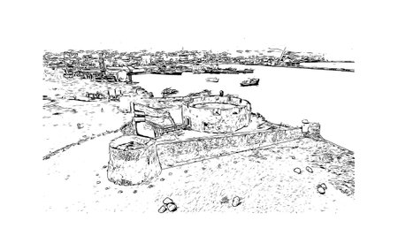 Building view with landmark of Puerto Plata is the city in Dominican Republic. Hand drawn sketch illustration in vector.のイラスト素材