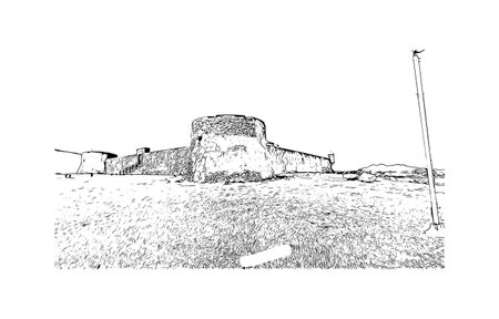 Building view with landmark of Puerto Plata is the city in Dominican Republic. Hand drawn sketch illustration in vector.のイラスト素材