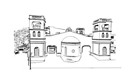 Building view with landmark of Puerto Plata is the city in Dominican Republic. Hand drawn sketch illustration in vector.のイラスト素材