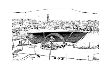 Building view with landmark of Puerto Plata is the city in Dominican Republic. Hand drawn sketch illustration in vector.のイラスト素材