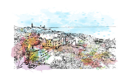 Building view with landmark of Puerto Plata is the city in Dominican Republic. Watercolor splash with hand drawn sketch illustration in vector.のイラスト素材
