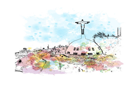 Building view with landmark of Puerto Plata is the city in Dominican Republic. Watercolor splash with hand drawn sketch illustration in vector.のイラスト素材