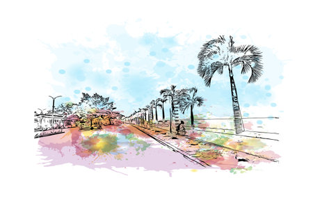 Building view with landmark of    Puerto Princesa  is the city in  Philippines. Watercolor splash with hand drawn sketch illustration in vector.のイラスト素材