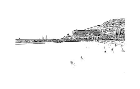 Building view with landmark of Puerto Rico de Gran Canaria is a  Spanish island in Gran Canaria. Hand drawn sketch illustration in vector.のイラスト素材