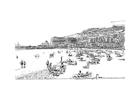 Building view with landmark of Puerto Rico de Gran Canaria is a  Spanish island in Gran Canaria. Hand drawn sketch illustration in vector.のイラスト素材