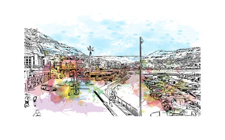 Building view with landmark of Puerto Rico de Gran Canaria is a  Spanish island in Gran Canaria. Watercolor splash with hand drawn sketch illustration in vector.のイラスト素材