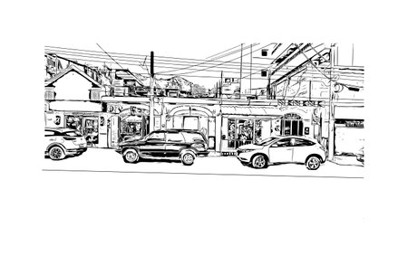 Building view with landmark of  Puerto Vallarta is the city in Mexico. Hand drawn sketch illustration in vector.のイラスト素材