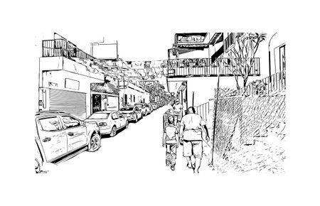 Building view with landmark of  Puerto Vallarta is the city in Mexico. Hand drawn sketch illustration in vector.のイラスト素材
