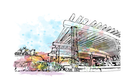 Building view with landmark of  Puerto Vallarta is the city in Mexico. Watercolor splash with hand drawn sketch illustration in vector.のイラスト素材