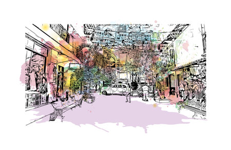 Building view with landmark of  Puerto Vallarta is the city in Mexico. Watercolor splash with hand drawn sketch illustration in vector.のイラスト素材