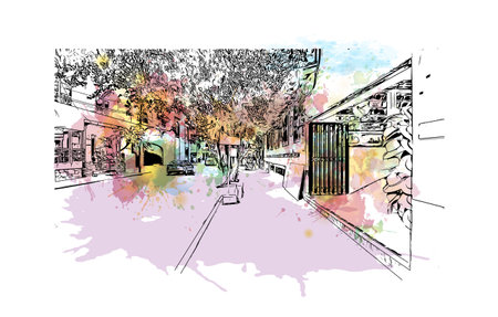 Building view with landmark of  Puerto Vallarta is the city in Mexico. Watercolor splash with hand drawn sketch illustration in vector.のイラスト素材