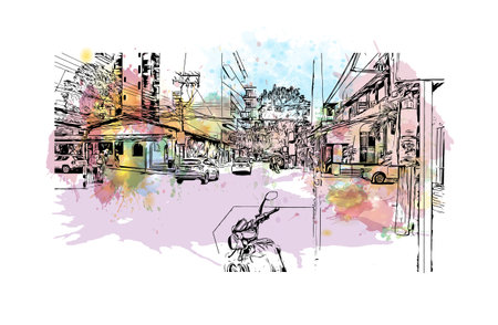Building view with landmark of  Puerto Vallarta is the city in Mexico. Watercolor splash with hand drawn sketch illustration in vector.のイラスト素材