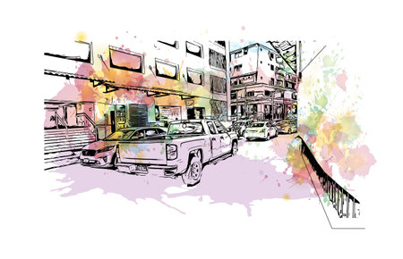 Building view with landmark of  Puerto Vallarta is the city in Mexico. Watercolor splash with hand drawn sketch illustration in vector.のイラスト素材
