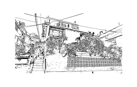 Building view with landmark of  Puerto Vallarta is the city in Mexico. Hand drawn sketch illustration in vector.のイラスト素材
