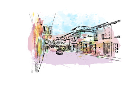 Building view with landmark of  Puerto Vallarta is the city in Mexico. Watercolor splash with hand drawn sketch illustration in vector.のイラスト素材