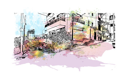 Building view with landmark of  Puerto Vallarta is the city in Mexico. Watercolor splash with hand drawn sketch illustration in vector.のイラスト素材