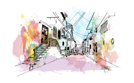 Building view with landmark of  Puerto Vallarta is the city in Mexico. Watercolor splash with hand drawn sketch illustration in vector.のイラスト素材