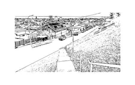 Building view with landmark of Punta Arenas is the city in Chile. Hand drawn sketch illustration in vector.のイラスト素材