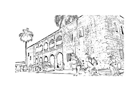 Building view with landmark of Punta Cana is the town in the Dominican Republic. Hand drawn sketch illustration in vector.のイラスト素材
