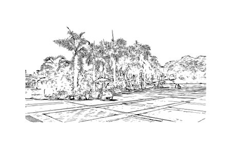 Building view with landmark of Punta Cana is the town in the Dominican Republic. Hand drawn sketch illustration in vector.のイラスト素材