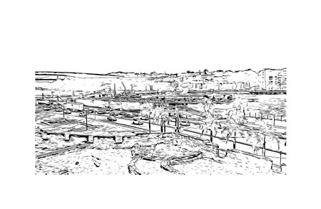 Building view with landmark of Punta Cana is the town in the Dominican Republic. Hand drawn sketch illustration in vector.のイラスト素材