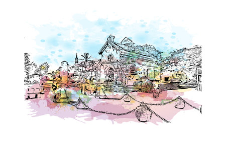 Building view with landmark of Punta Cana is the town in the Dominican Republic. Watercolor splash with hand drawn sketch illustration in vector.のイラスト素材