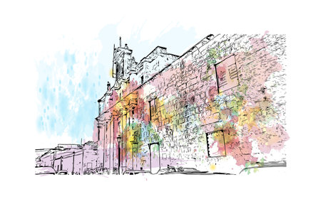 Building view with landmark of Punta Cana is the town in the Dominican Republic. Watercolor splash with hand drawn sketch illustration in vector.のイラスト素材