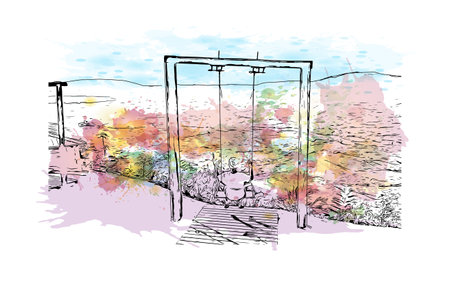 Building view with landmark of Punta Cana is the town in the Dominican Republic. Watercolor splash with hand drawn sketch illustration in vector.のイラスト素材