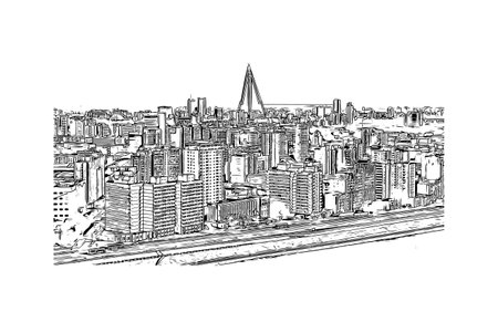 Building view with landmark of Pyongyang is the capital in North Korea. Hand drawn sketch illustration in vector.のイラスト素材