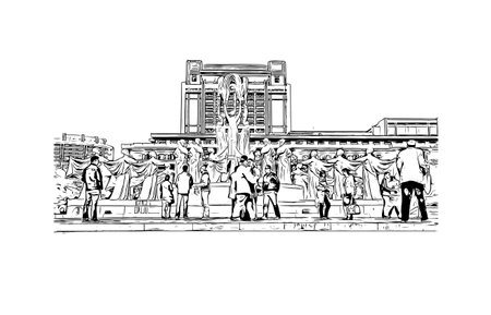 Building view with landmark of Pyongyang is the capital in North Korea. Hand drawn sketch illustration in vector.のイラスト素材