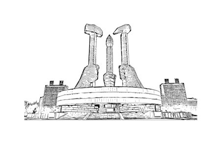 Building view with landmark of Pyongyang is the capital in North Korea. Hand drawn sketch illustration in vector.のイラスト素材